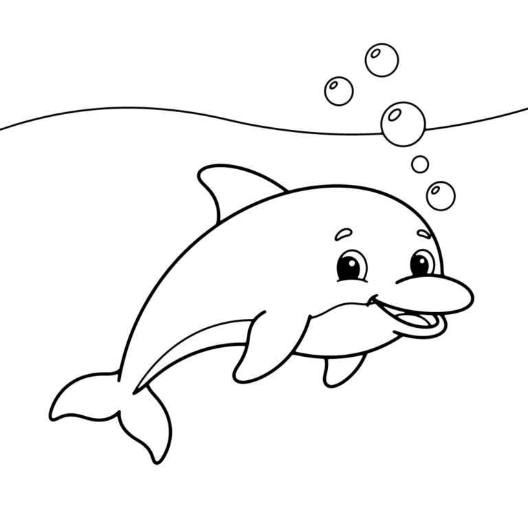 Na obrazku znajduje się uśmiechnięty delfin pływający pod wodą, któremu towarzyszą unoszące się ku górze bąbelki.