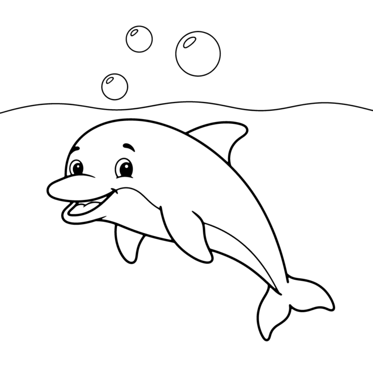 Na obrazku znajduje się duży, uśmiechnięty delfin pływający tuż pod powierzchnią wody, nad którą unoszą się trzy bąbelki.