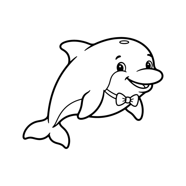 Na obrazku znajduje się uśmiechnięty delfin trzymający w płetwie dużą muszelkę.