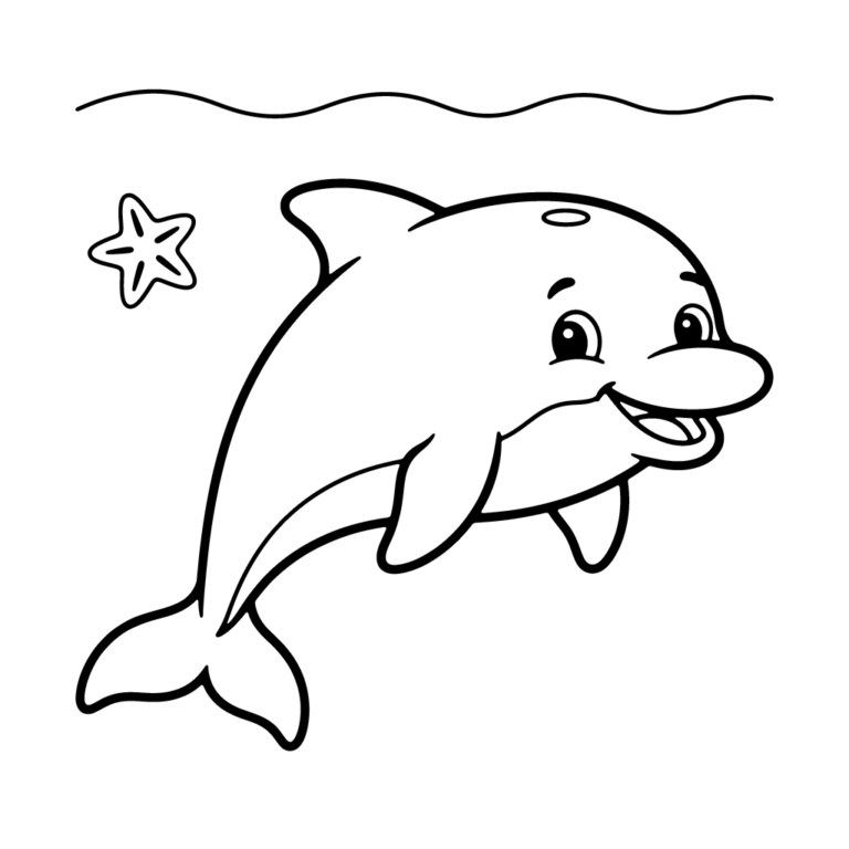 Na obrazku znajduje się uśmiechnięty delfin pływający pod falami w towarzystwie małej rozgwiazdy.