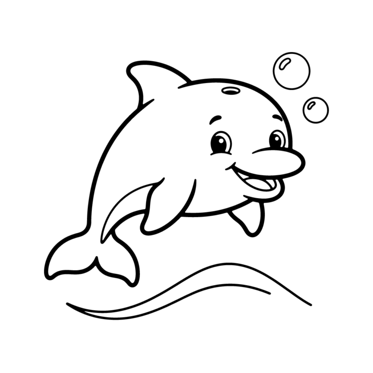 Na obrazku znajduje się wesoły delfin, który wyskakuje z wody w otoczeniu trzech unoszących się bąbelków.