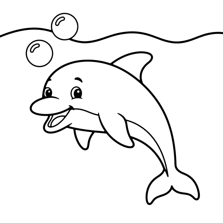 Na obrazku znajduje się radosny delfinek pływający w głębinach oceanu, nad którym unoszą się dwa okrągłe bąbelki powietrza.