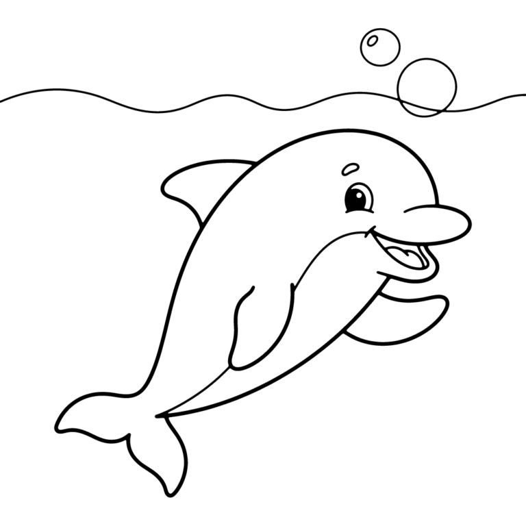 Na obrazku znajduje się uśmiechnięty delfin pływający tuż pod powierzchnią wody i przyjaźnie machający płetwą w geście powitania.