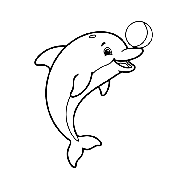 Na obrazku znajduje się uśmiechnięty delfin, który wyskakuje z wody i balansuje małą piłką na swoim nosie.