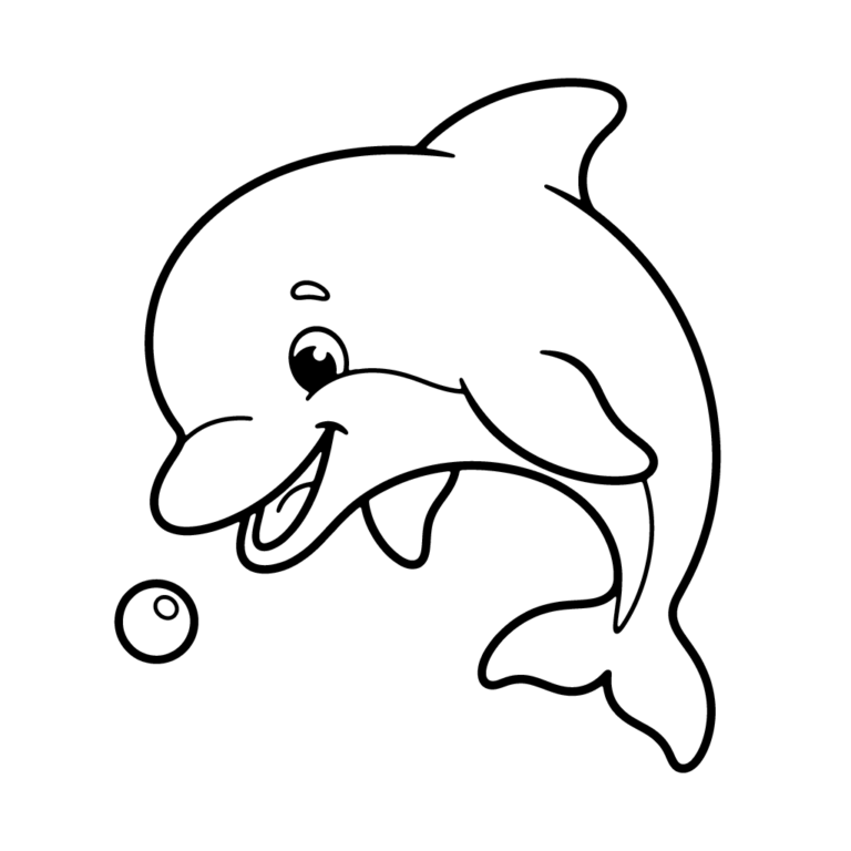 Na obrazku znajduje się wesoły delfin pływający w morzu, który z zaciekawieniem przygląda się pojedynczej, małej perełce unoszącej się tuż przed jego pyszczkiem.
