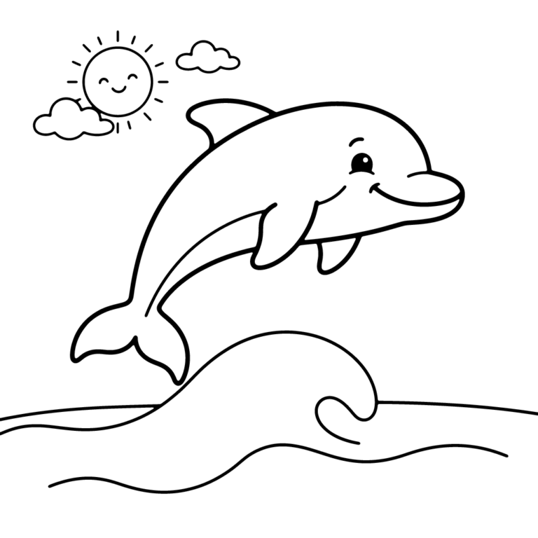 Na obrazku znajduje się radosny delfin wyskakujący ponad morską falą na tle uśmiechniętego słońca i chmurek.