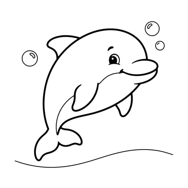 Na obrazku znajduje się wesoły, uśmiechnięty delfin, który unosi się tuż pod powierzchnią wody, otoczony trzema unoszącymi się w górę bąbelkami powietrza.