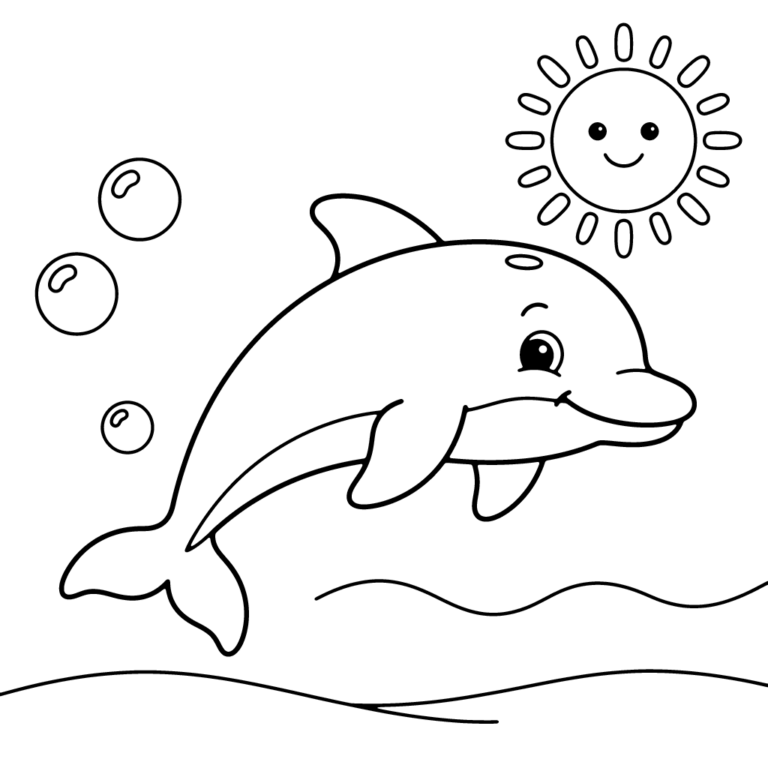 Na obrazku znajduje się uśmiechnięty delfin wyskakujący nad morską falę, obok którego unoszą się bąbelki, a na niebie świeci przyjazne słońce.