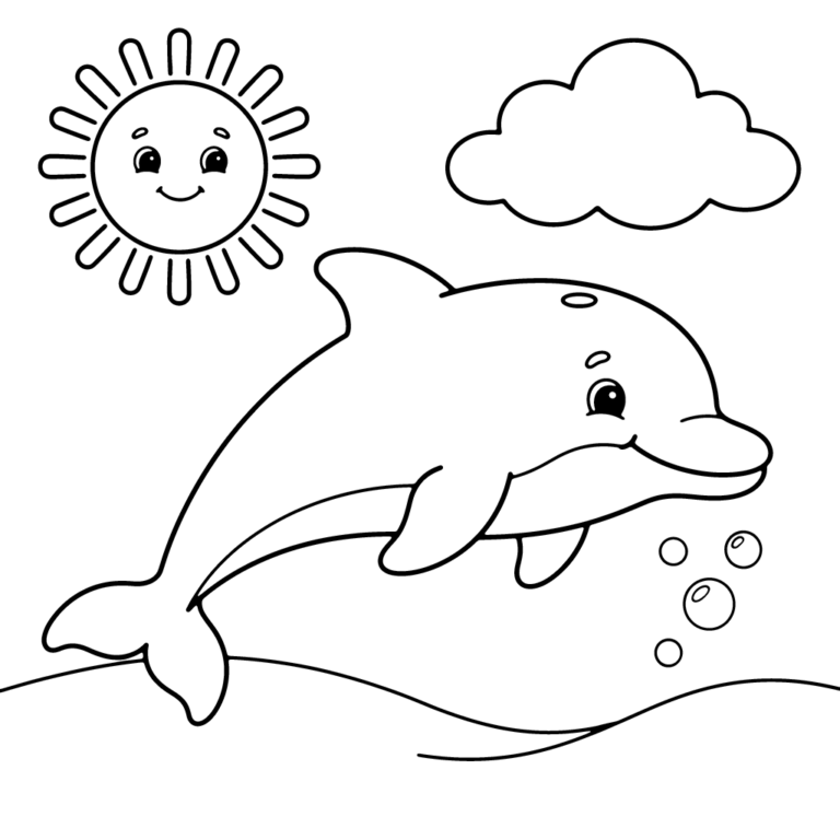 Na obrazku znajduje się skaczący delfin nad falą, któremu towarzyszą uśmiechnięte słońce, puszysta chmurka i małe bąbelki.