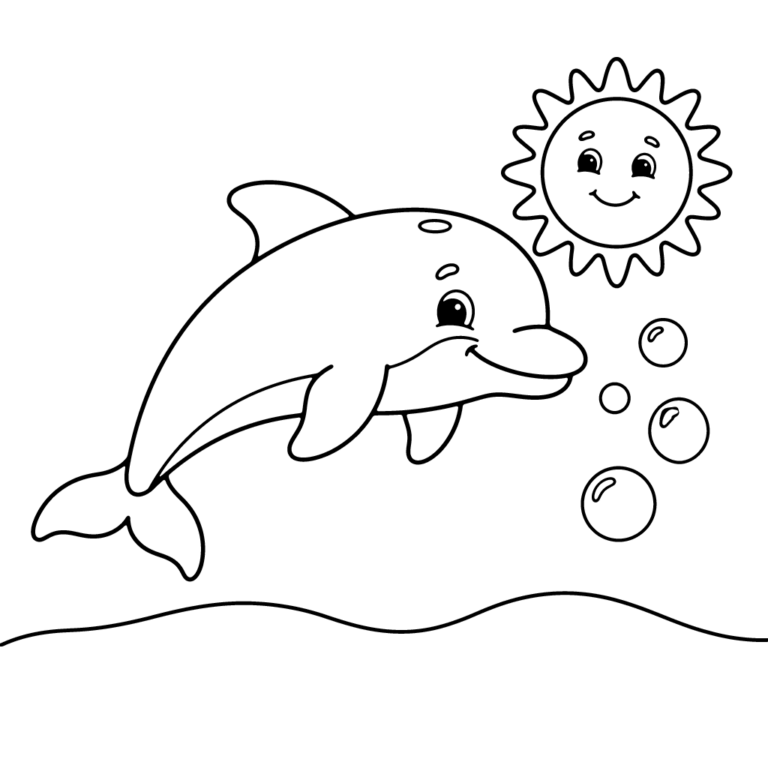 Na obrazku znajduje się uśmiechnięty delfin wyskakujący z morskiej fali w stronę wesołego słońca i bąbelków.