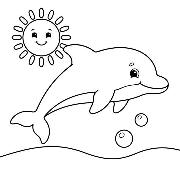 Na obrazku znajduje się uśmiechnięty delfin wyskakujący z morskiej fali w stronę wesołego słońca, a obok niego unoszą się dwa bąbelki.