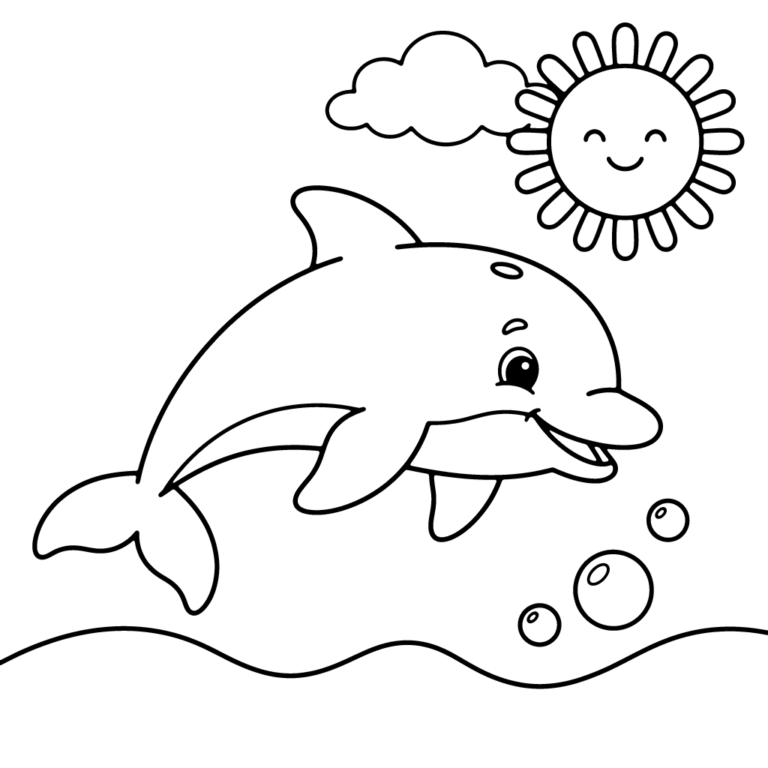 Na obrazku znajduje się uśmiechnięty delfin wyskakujący z morskiej fali w stronę wesołego słońca i puszystej chmurki, a obok niego unoszą się bąbelki.