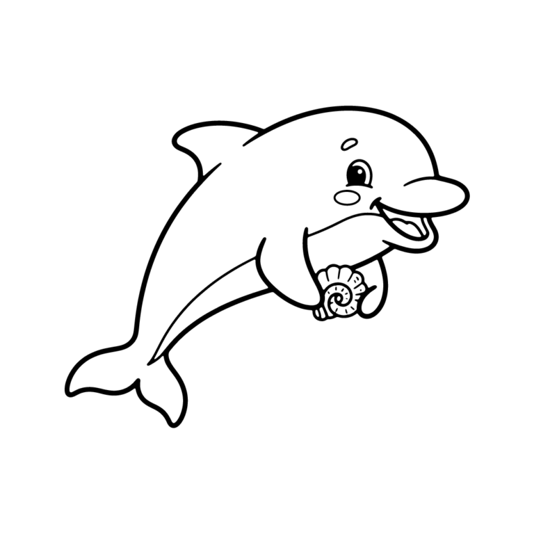 Na obrazku znajduje się przyjazny, uśmiechnięty delfin trzymający małą muszelkę.