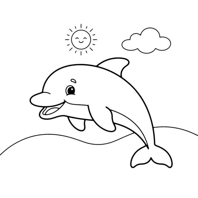 Na obrazku znajduje się uśmiechnięty delfin wyskakujący ponad falę w towarzystwie radosnego słońca i puszystej chmurki.
