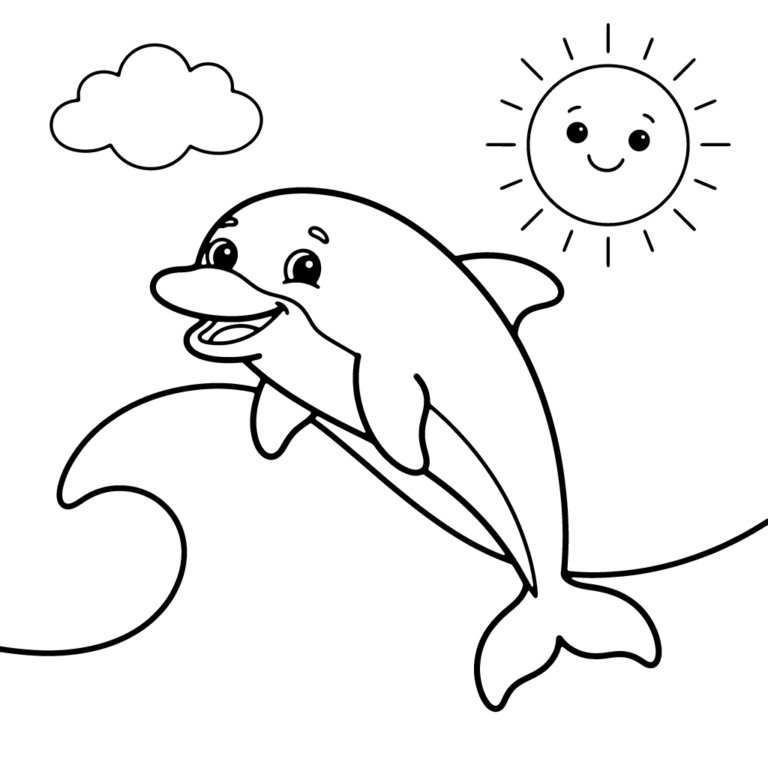 Na obrazku znajduje się uśmiechnięty delfin wyskakujący radośnie z fali pod wesołym słońcem i chmurką.