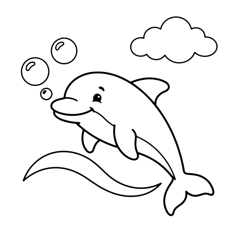 Na obrazku znajduje się sympatyczny delfin wyskakujący z wody i puszczający wesołe bąbelki, a nad nim unosi się chmurka.