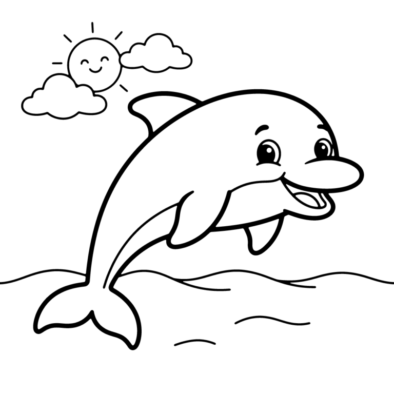 Na obrazku znajduje się uśmiechnięty delfin wyskakujący nad morską falę na tle uśmiechniętego słońca i chmurek.
