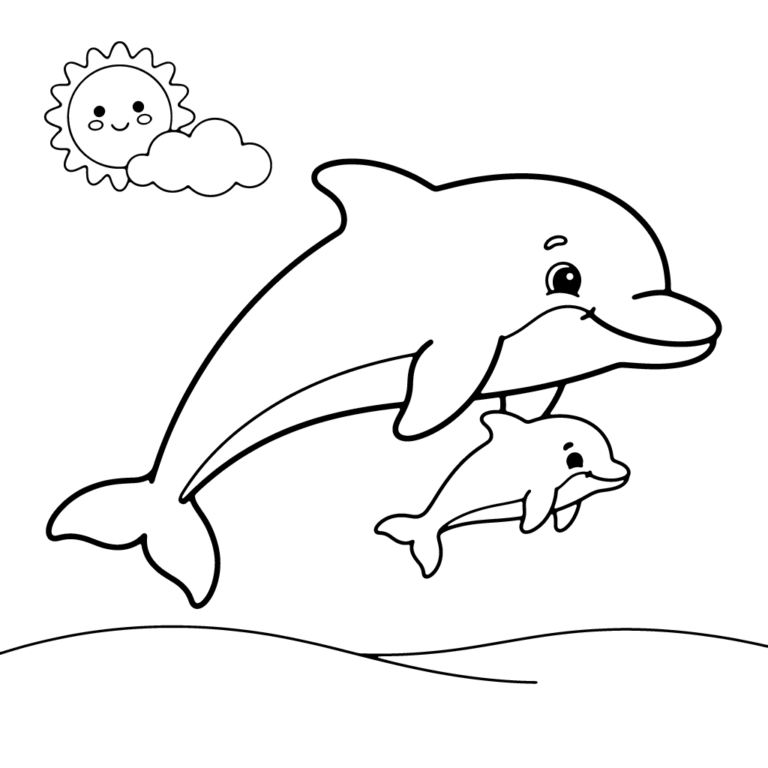 Na obrazku znajduje się duża, uśmiechnięta mama delfin, która płynie tuż obok swojego małego, również wesołego delfinka.
