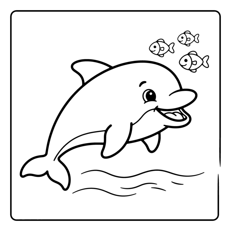 Na obrazku znajduje się duży, uśmiechnięty delfin, który pływa pod trzema małymi, wesołymi rybkami.