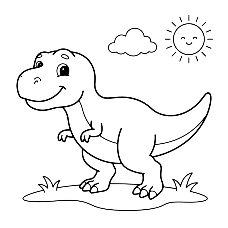 Kolorowanka Wesoły tyranozaur na polanie