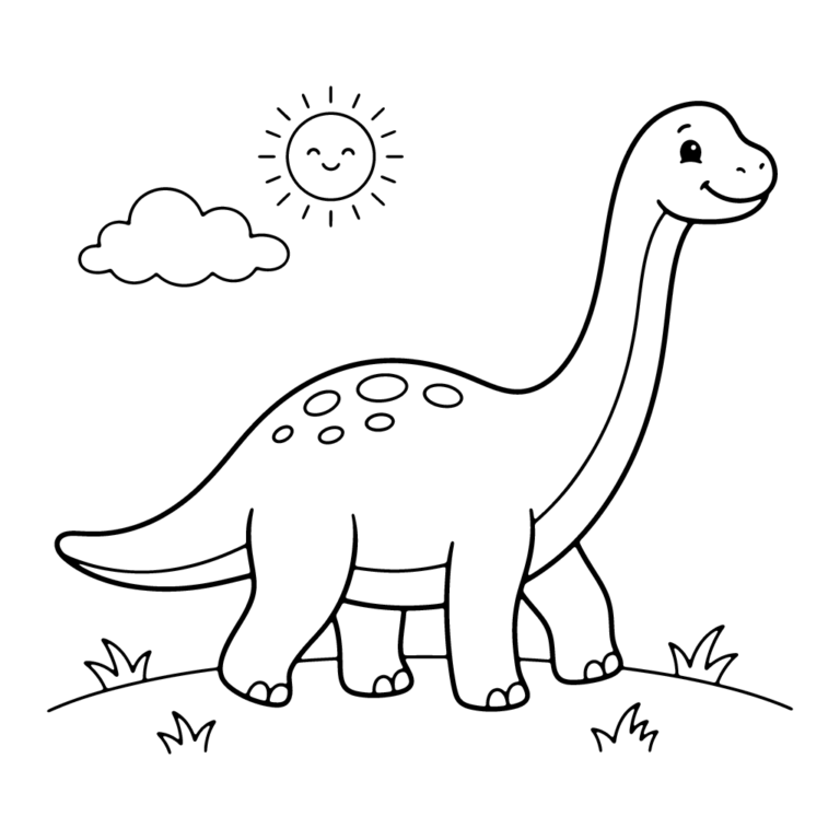 Na obrazku znajduje się uśmiechnięty długoszyki dinozaur kroczący po zielonej łące pod uśmiechniętym słoneczkiem i chmurką.