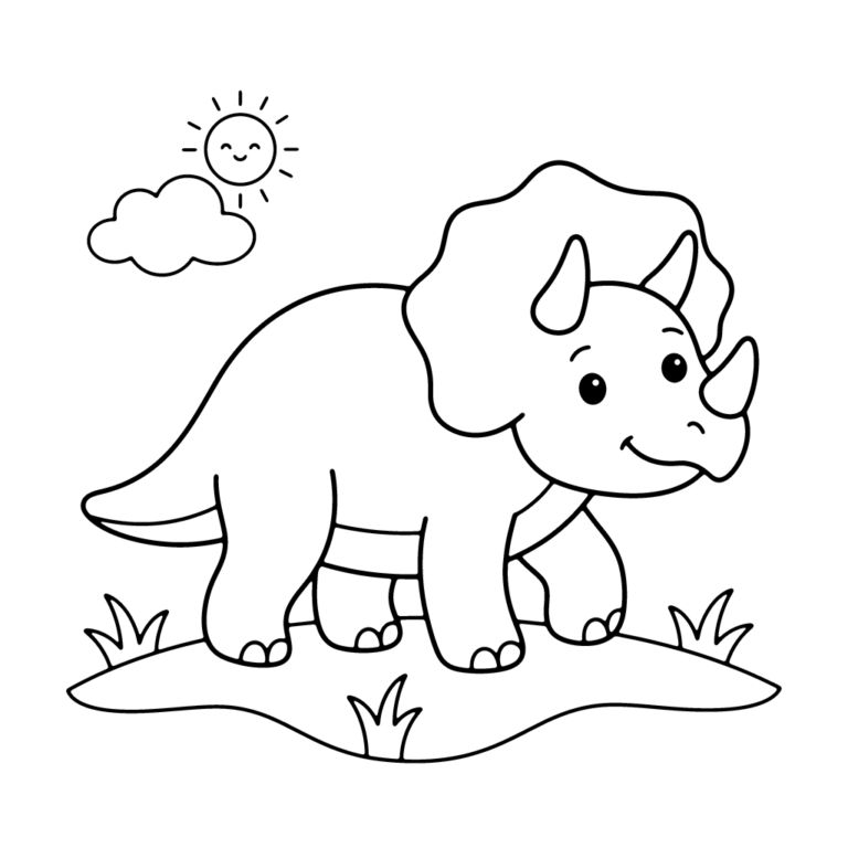 Na obrazku znajduje się uśmiechnięty dinozaur z trzema rogami i dużą kryzą, stojący na kępce trawy pod słońcem i chmurką.
