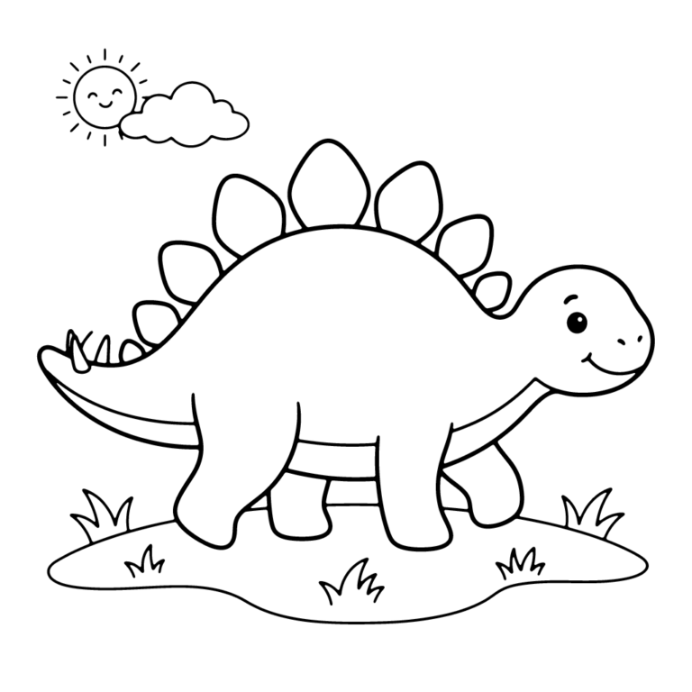 Na obrazku znajduje się uśmiechnięty dinozaur z rzędem charakterystycznych płyt na grzbiecie, kroczący po zielonej łące pod słońcem i chmurką.