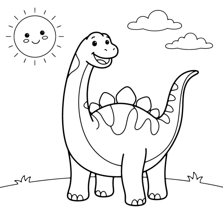 Na obrazku znajduje się uśmiechnięty dinozaur z płytami na grzbiecie stojący na łące pod słońcem i chmurkami.