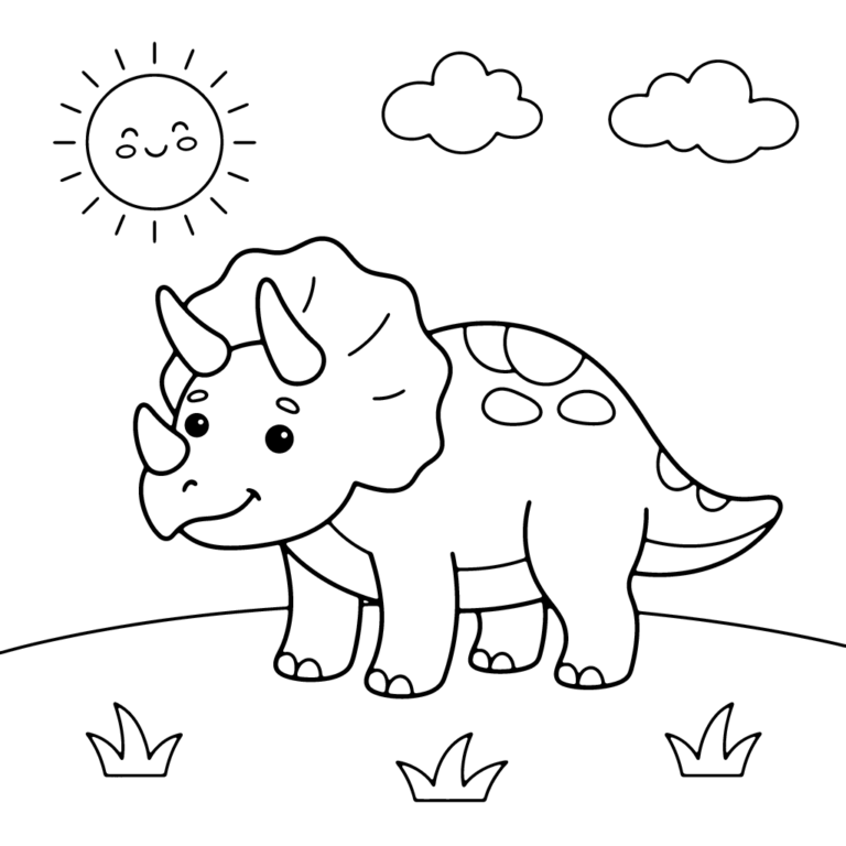 Na obrazku znajduje się uśmiechnięty triceratops z trzema rogami stojący na zielonej łące pod uśmiechniętym słońcem i chmurkami.