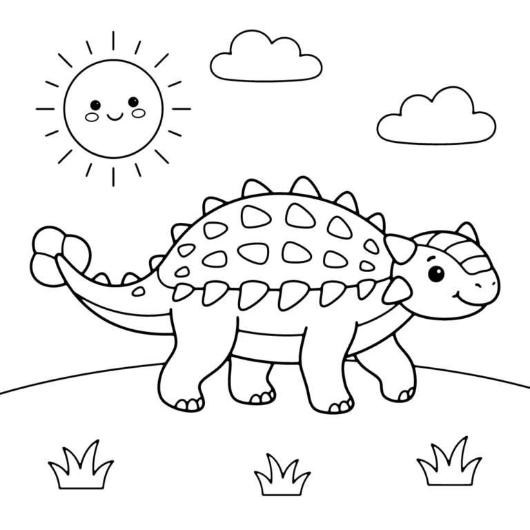Na obrazku znajduje się sympatyczny dinozaur z pancerzem pełnym kolców i maczugą na ogonie, który uśmiecha się, idąc po łące pod słońcem i chmurkami.