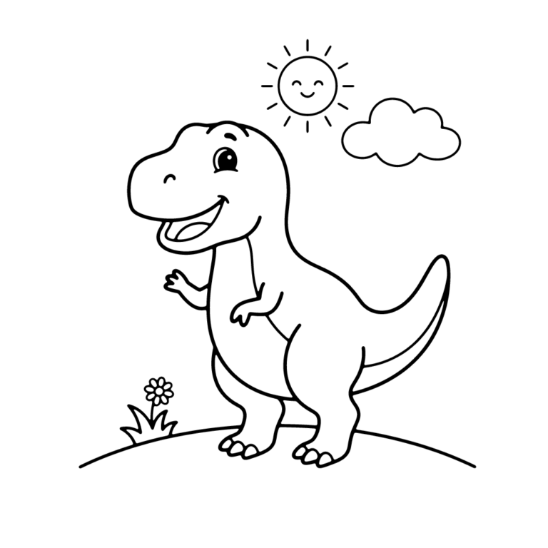 Na obrazku znajduje się uśmiechnięty tyranozaur stojący na trawiatej polanie pod uśmiechniętym słoneczkiem, chmurką i małym kwiatkiem.