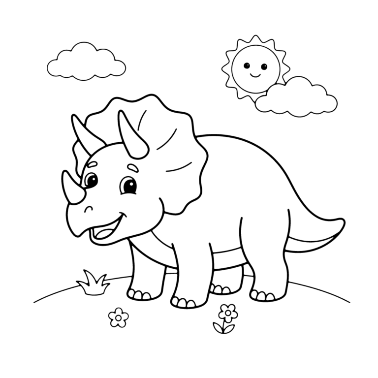 Na obrazku znajduje się duży, uśmiechnięty triceratops stojący na trawiastym pagórku pod radosnym słoneczkiem i dwiema chmurkami.