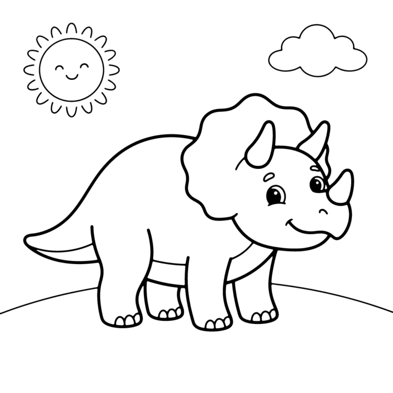 Na obrazku znajduje się uśmiechnięty triceratops stojący na zielonym wzgórzu pod słońcem i chmurką.