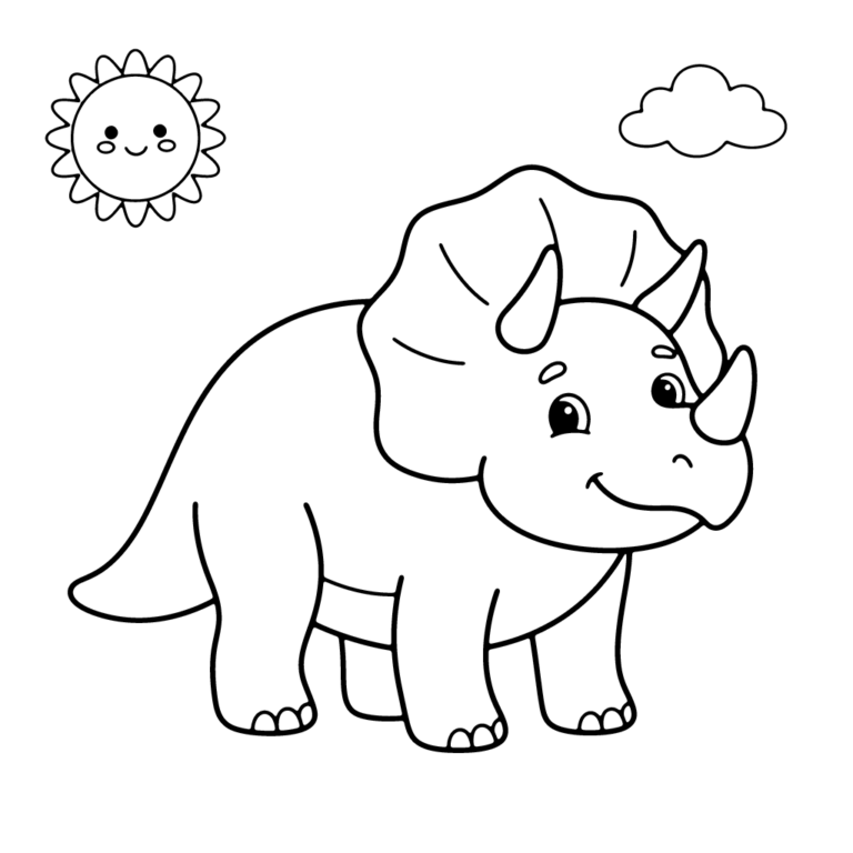 Na obrazku znajduje się sympatyczny triceratops z trzema rogami, któremu towarzyszą uśmiechnięte słoneczko oraz mała chmurka.