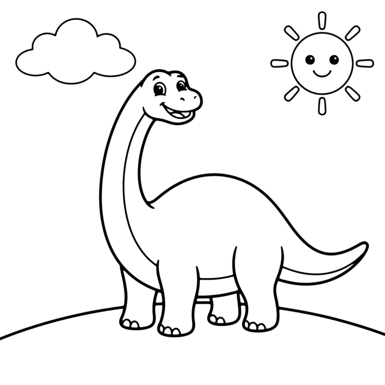 Na obrazku znajduje się duży, uśmiechnięty dinozaur z długą szyją, stojący na zielonym wzgórzu pod chmurką i radosnym słońcem.