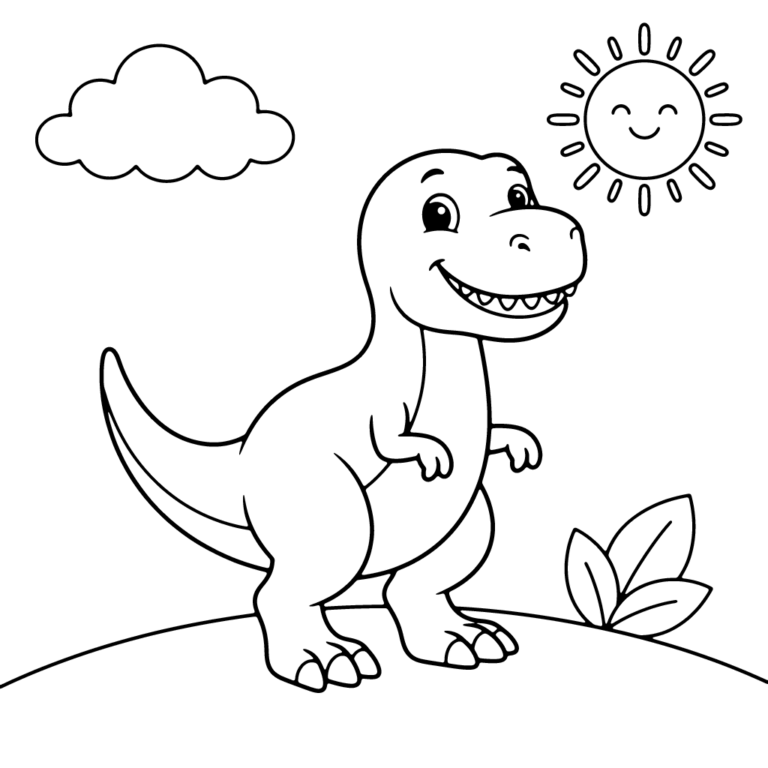 Na obrazku znajduje się uśmiechnięty tyranozaur stojący na wzgórzu obok listków, pod chmurką i wesołym słońcem.
