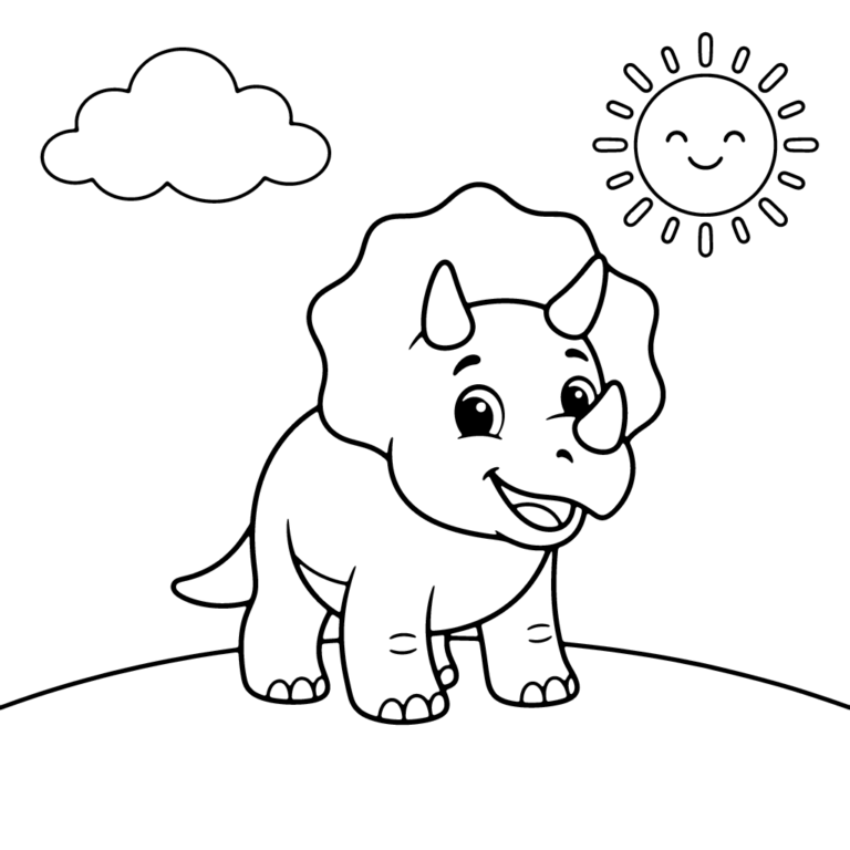 Na obrazku znajduje się wesoły, uśmiechnięty triceratops z trzema rogami stojący na prostym zielonym wzgórzu pod puszystą chmurką i radosnym słońcem.