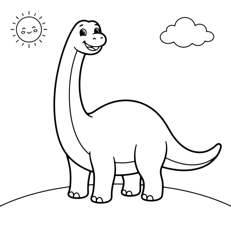 Na obrazku znajduje się uśmiechnięty długoszyi dinozaur stojący na wzgórzu pod uśmiechniętym słoneczkiem i puszystą chmurką.