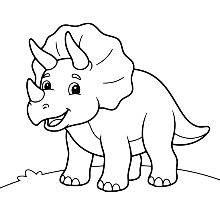 Na obrazku znajduje się duży, uśmiechnięty triceratops z trzema rogami stojący na prostej linii ziemi.