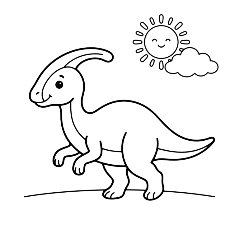 Na obrazku znajduje się uśmiechnięty dinozaur z gatunku paraurolof, posiadający długi, zakrzywiony grzebień na głowie i stojący na prostej linii gruntu pod słoneczkiem i chmurką.