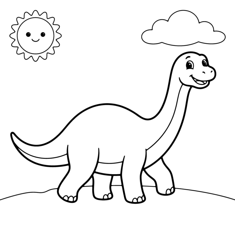 Na obrazku znajduje się przyjazny, długoszyi dinozaurspacerujący po trawie w towarzystwie uśmiechniętego słońca i puszystej chmurki.