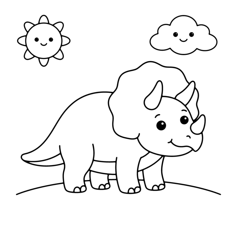 Na obrazku znajduje się sympatyczny triceratops z dużym kołnierzem i trzema rogami, stojący na prostym wzgórzu pod uśmiechniętym słońcem i chmurką.