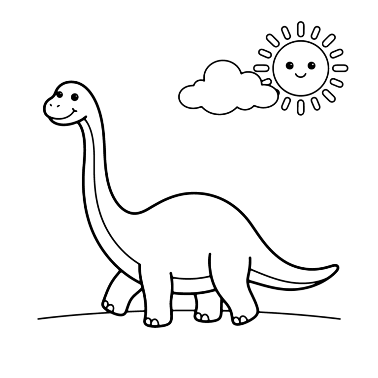 Na obrazku znajduje się przyjazny, długoszyi dinozaur, prawdopodobnie diplodok, idący wesoło po prostej ścieżce pod słoneczkiem i chmurką.