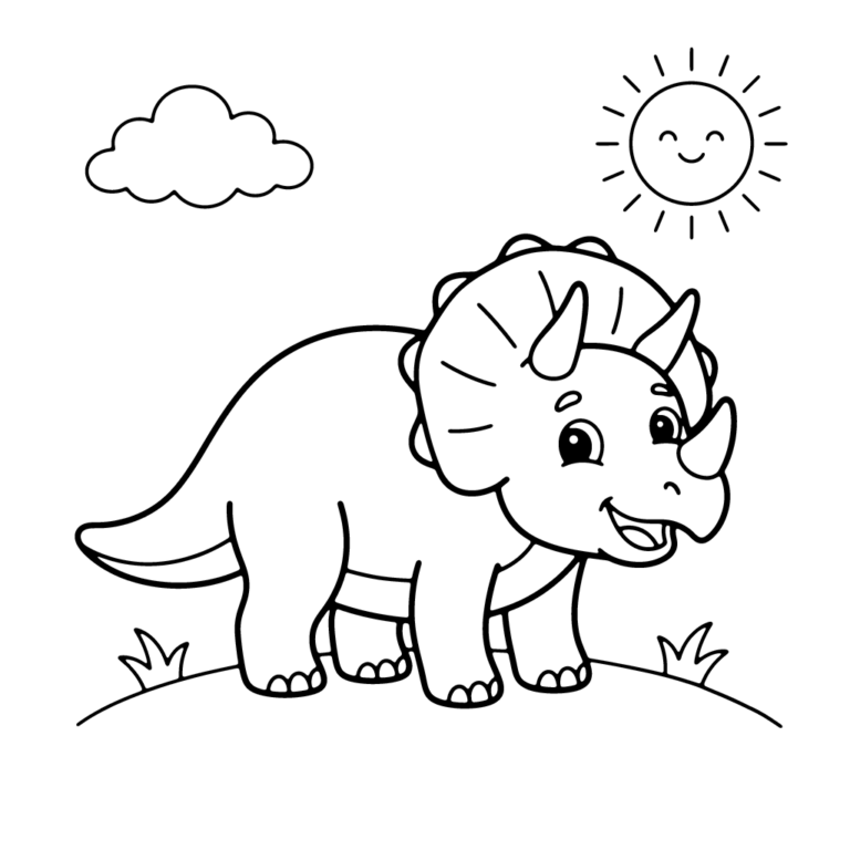 Na obrazku znajduje się uśmiechnięty triceratops z trzema rogami i dużą kryzą, stojący na trawie pod radosnym słoneczkiem i chmurką.