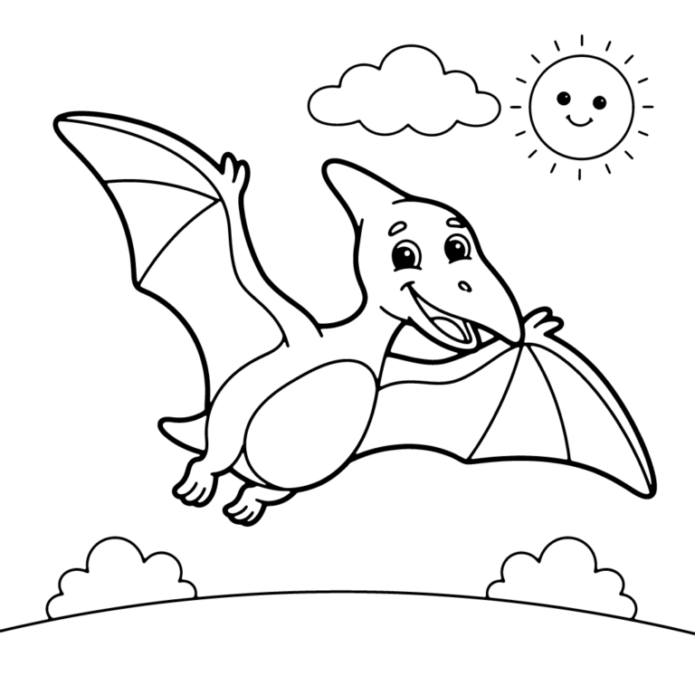 Na obrazku znajduje się uśmiechnięty pterodaktyl z szeroko rozpostartymi skrzydłami, szybujący na tle słońca i chmur.