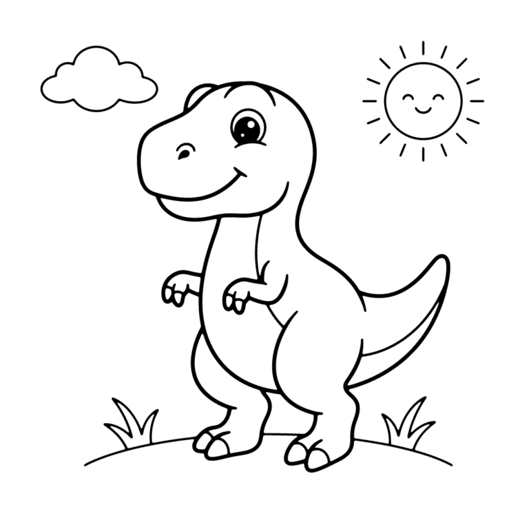 Na obrazku znajduje się uśmiechnięty tyranozaur rex stojący na małym wzniesieniu pod wesołym słoneczkiem i chmurką.