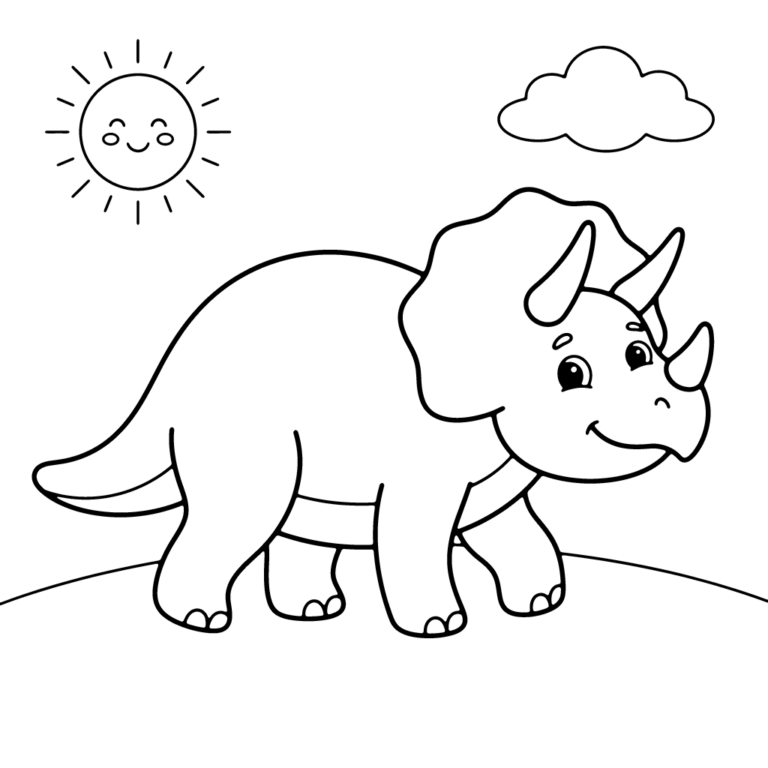 Na obrazku znajduje się przyjazny triceratops z trzema rogami, który spaceruje po zielonym wzgórzu pod uśmiechniętym słońcem i chmurką.