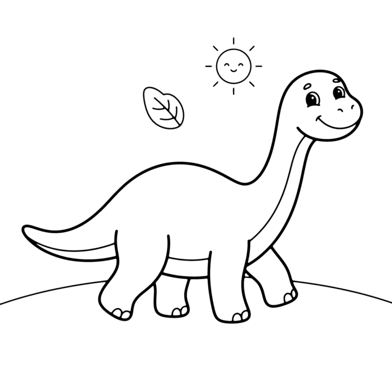Na obrazku znajduje się uśmiechnięty długoszyi dinozaur spacerujący po zielonym wzgórzu, obok którego unoszą się uśmiechnięte słonecko oraz zielony listek.
