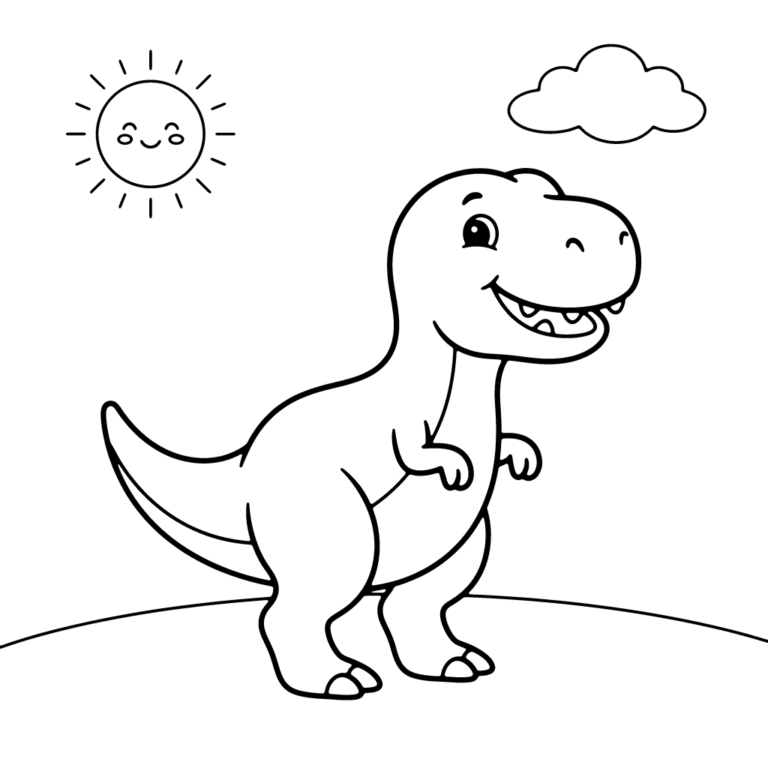 Na obrazku znajduje się uśmiechnięty tyranozaur stojący na zielonej łące pod radosnym słońcem i chmurką.