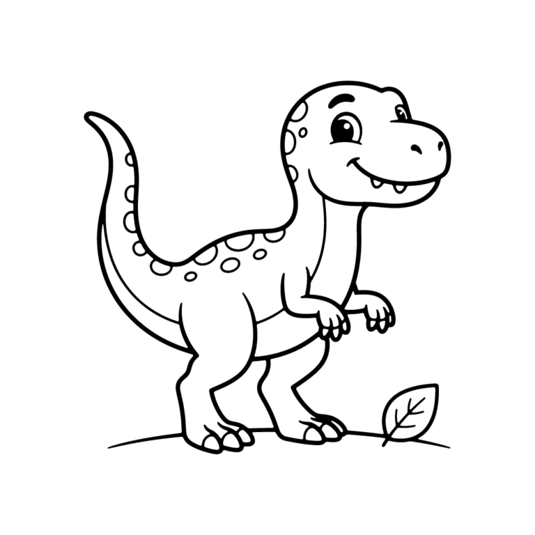Na obrazku znajduje się uśmiechnięty velociraptor stojący na środku z małym listkiem obok.
